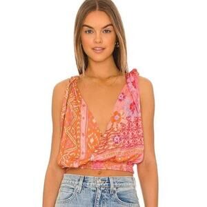 Free People TIED TO YOU Floral IKAT Knot Shoulder Tank Top Lemonade M NWOT $78